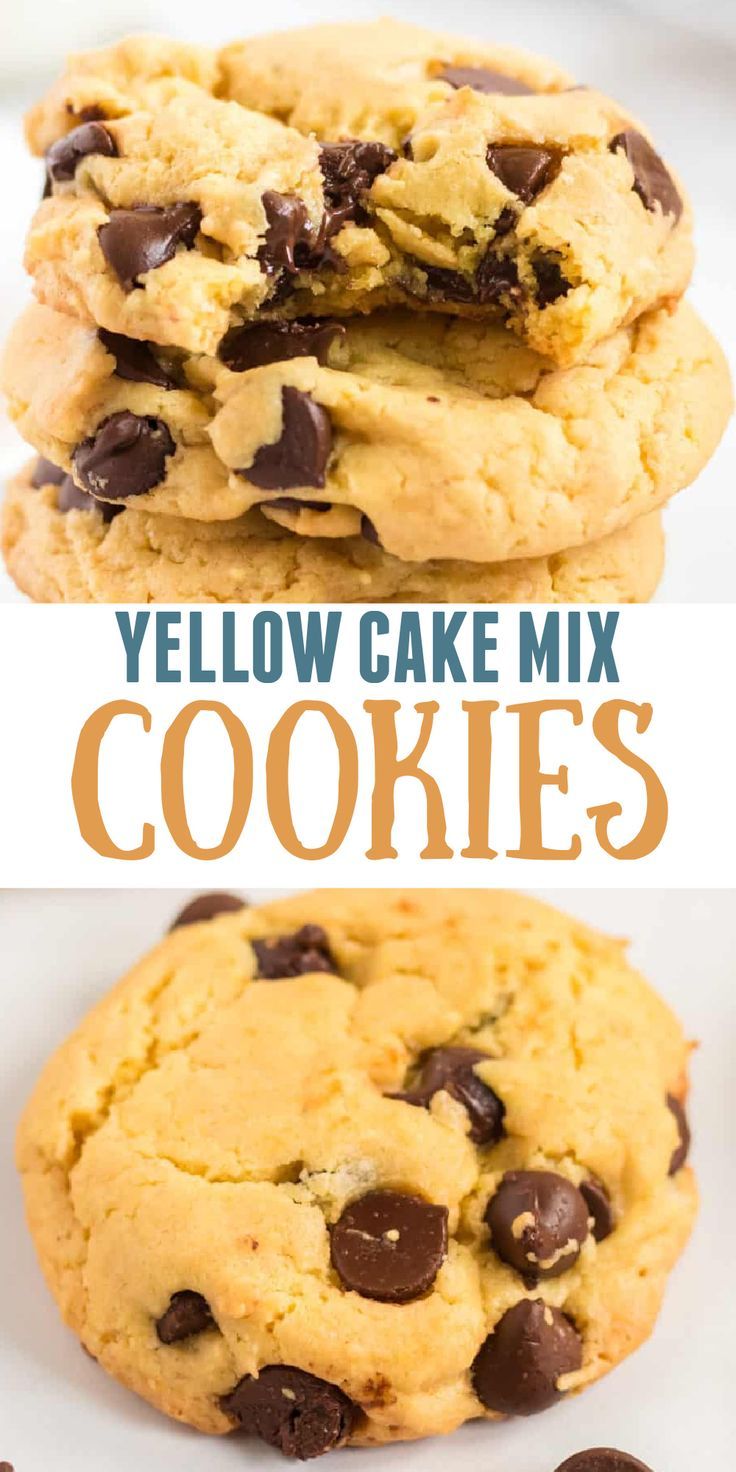 three different views of yellow cake mix cookies, one with chocolate chips and the other without