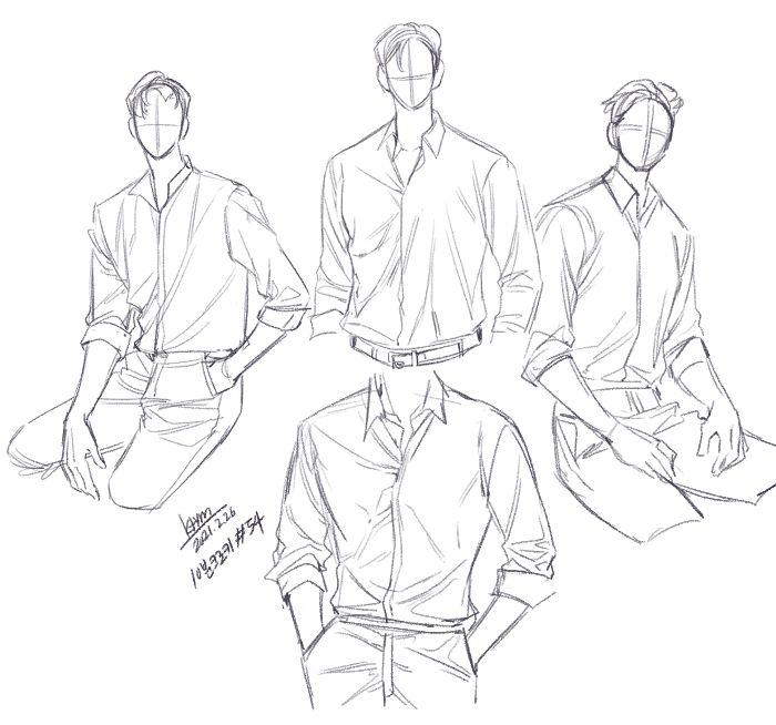 three men's shirts and ties are shown in this drawing