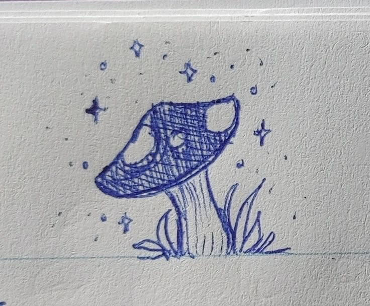 a drawing of a blue shoe sitting on top of a tree stump