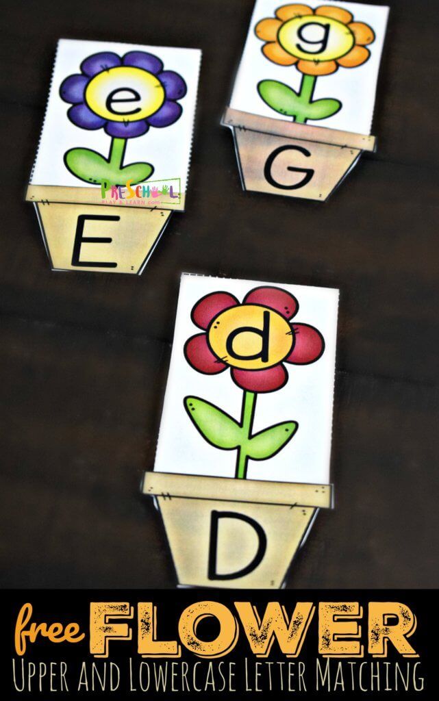 three flower letter matching cards with the letters d, f and e on top of them