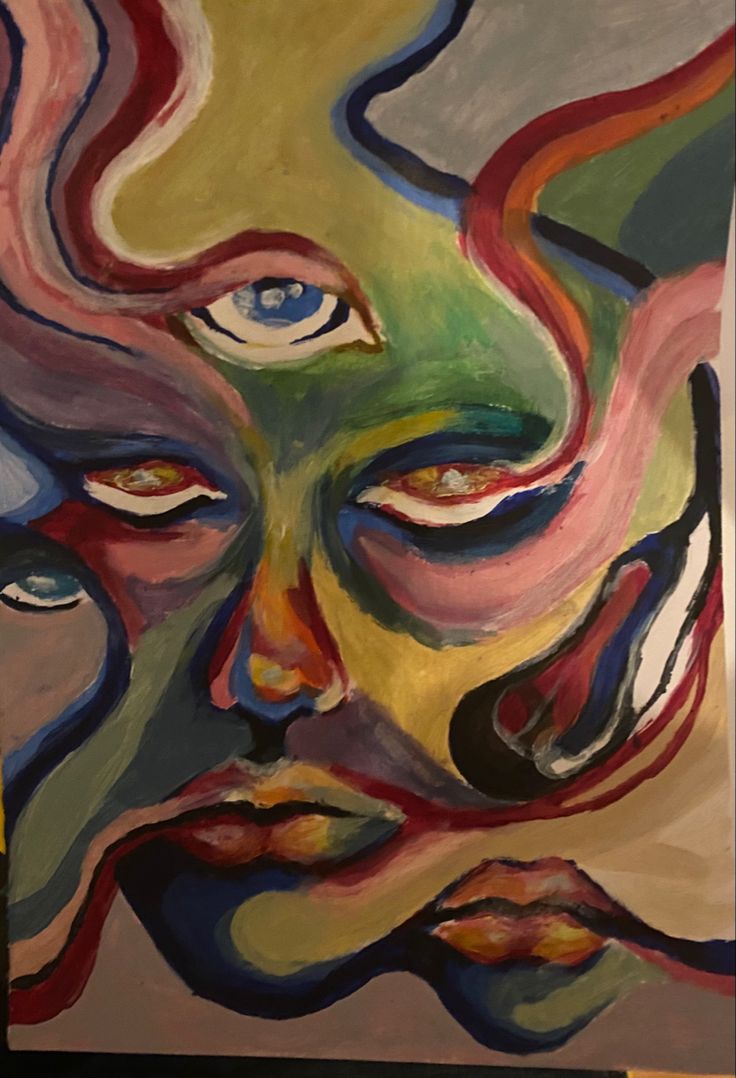 a painting of a woman's face with multiple colored lines coming out of it