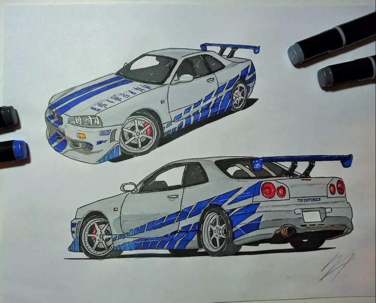 two drawings of cars with blue stripes on them