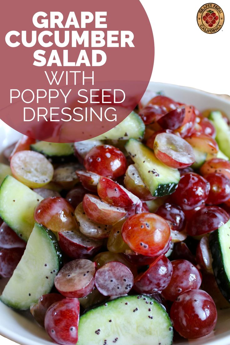 grapes and cucumber salad with poppy seed dressing in a white bowl on a table