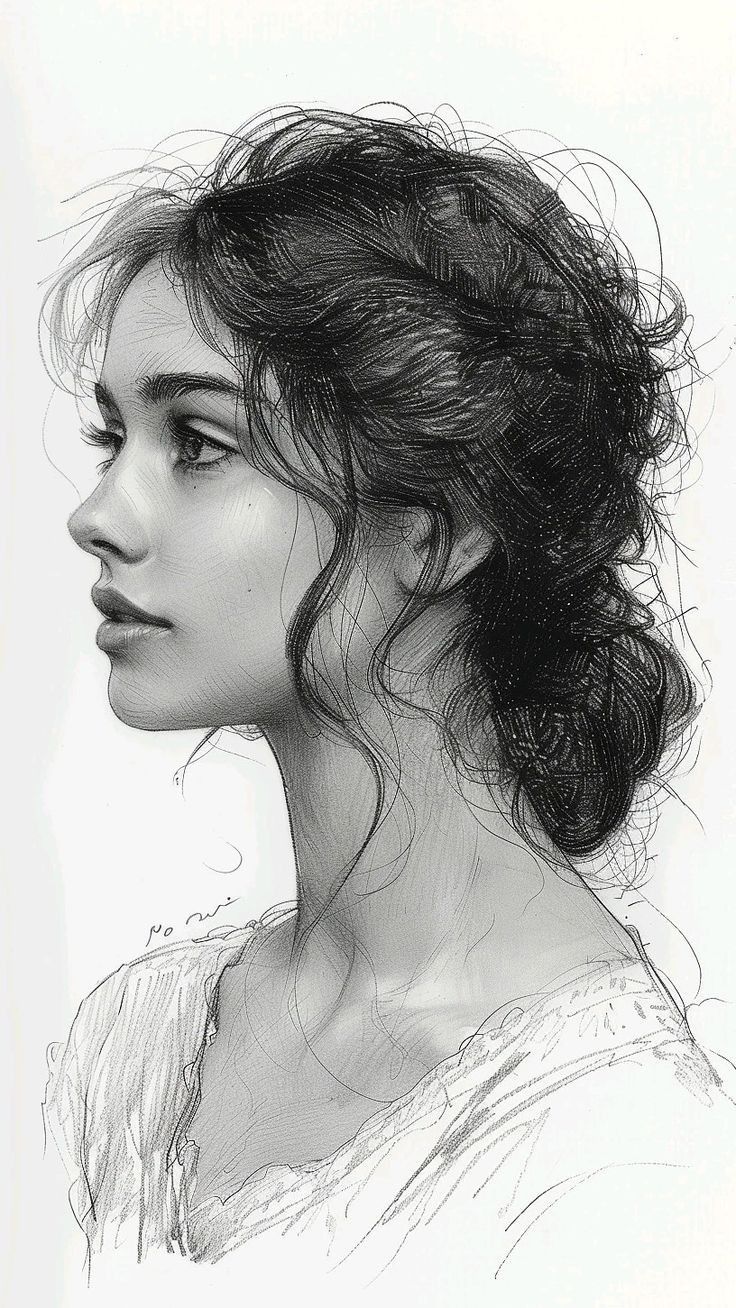 a black and white drawing of a woman's head