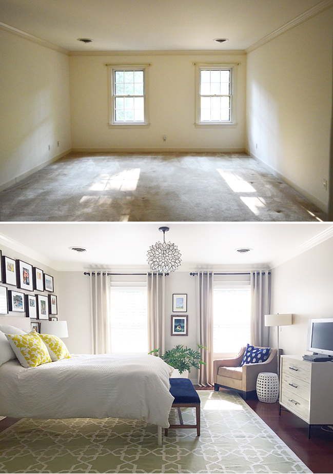 before and after pictures of a bedroom with white walls, carpeted flooring and windows