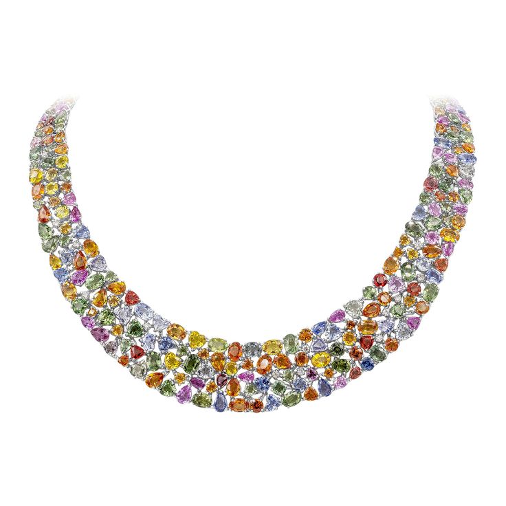 A stunning collar necklace, showcasing varying shapes and colors of vibrant sapphires weighing 161.55 carats total, set together seamlessly on 18K white gold. Accented by 14 small round brilliant cut diamonds weighing 0.80 carat total. An absolute work of art. Perfect for luxurious occasions. Roman Malakov is a custom house, specializing in creating anything you can imagine. If you would like to receive a special quote on a custom piece, please message or call us. Yellow Diamond Necklace, Sapphire Diamond Necklace, Colored Diamond Jewelry, Diamond Tops, Multi Coloured Necklaces, Multicolor Jewelry, Mesh Necklace, Tanzanite Jewelry, Pearl And Diamond Necklace