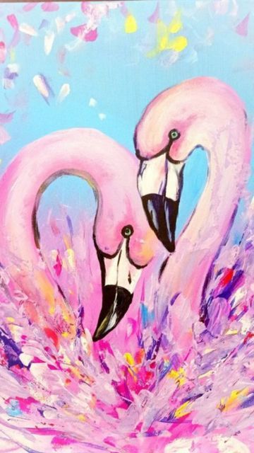 two pink flamingos in the water with their heads touching each other's necks