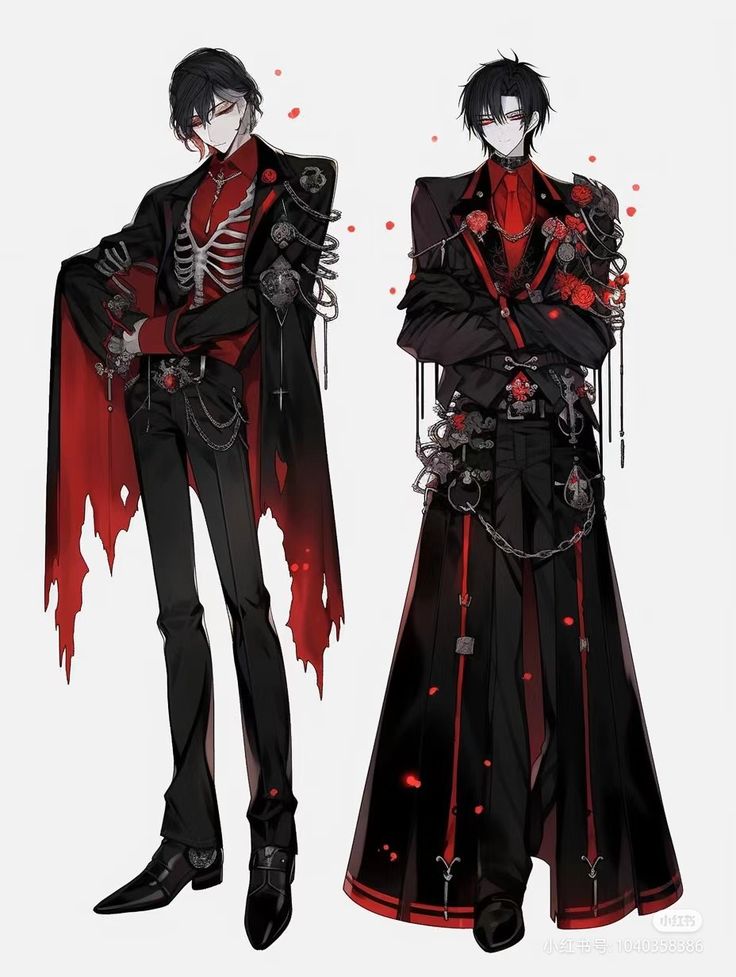 two anime characters dressed in black and red with blood dripping all over their body, standing next to each other