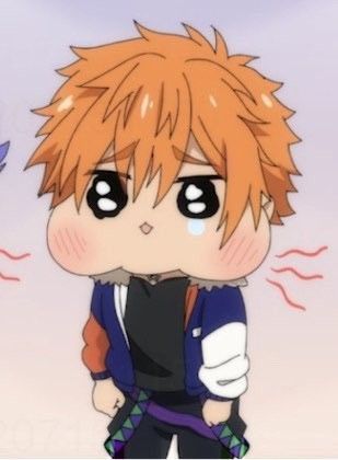 an anime character with orange hair and black eyes, standing in front of a blue bird