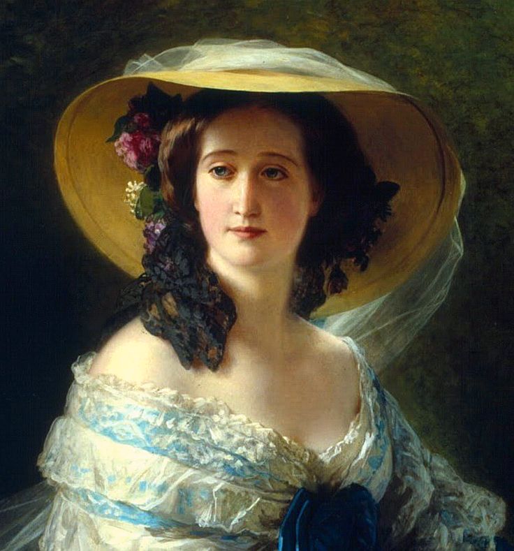 a painting of a woman wearing a yellow hat and blue dress with flowers in her hair