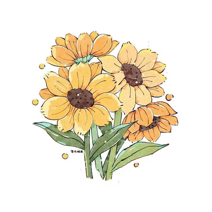 some yellow flowers with green leaves and dots on the bottom one flower has brown centers