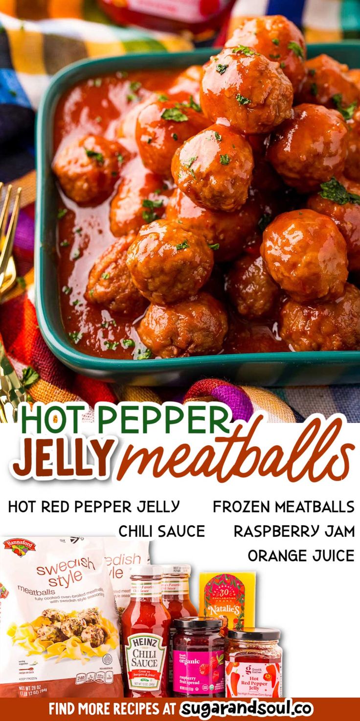 the flyer for hot pepper jelly meatballs is displayed in front of other food items