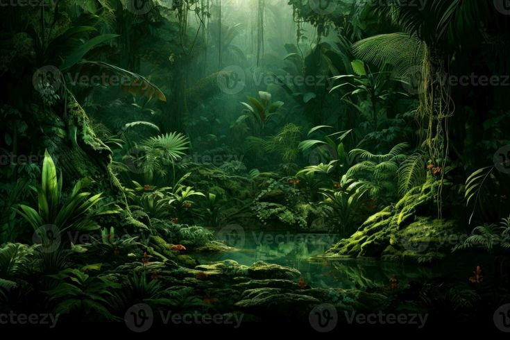 an image of a jungle scene with green plants and water in the foregrounds