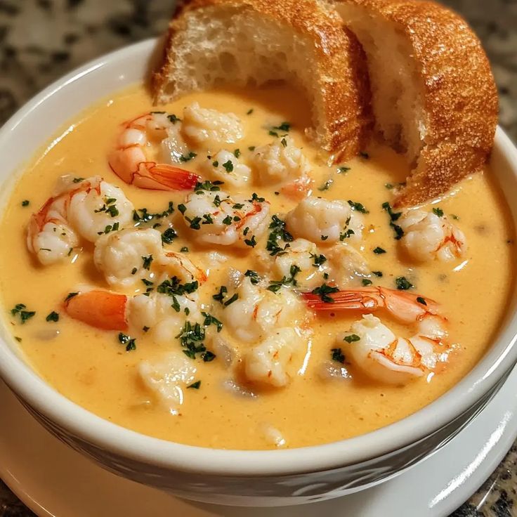 a bowl of soup with shrimp and bread in it on a marble counter top, ready to be eaten