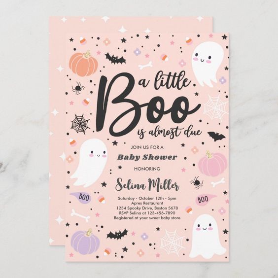 a little boo is about to be halloween baby shower card with ghost and pumpkins on it