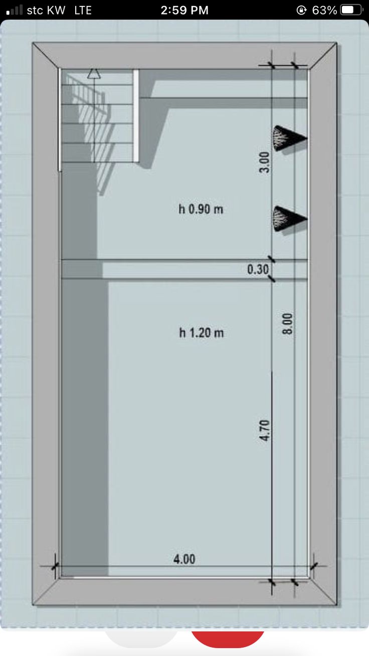 an image of a room with measurements for the wall and floor area, including stairs