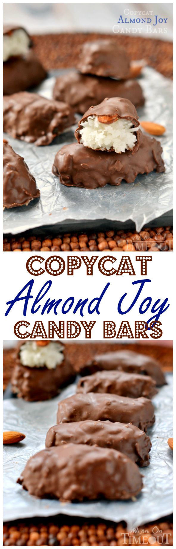 chocolate almond joy candy bars on a cookie sheet with the words copycat almond joy