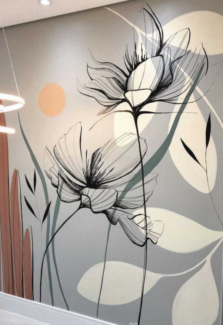 a wall with flowers painted on it in an office building or conference room, decorated with modern art