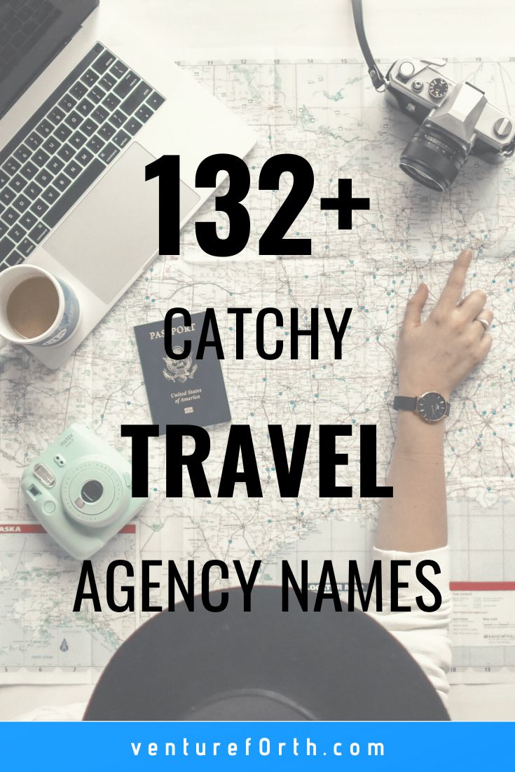 a person sitting at a desk with a laptop and camera in front of them, the text reads 123 catchy travel agency names