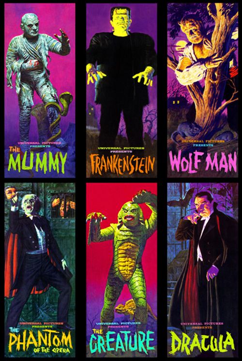 six movie posters from the classic horror series, which feature monsters and their names in different colors