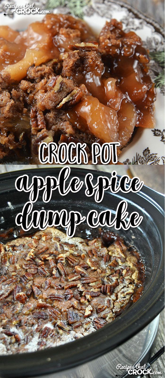 crock pot apple spice dump cake with pecans in the middle and caramel on top