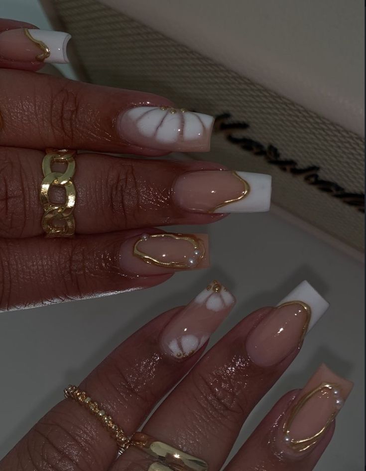 Trendy Nails Black Women, Nails White Design Square, White French Tip Nails With Design Coffin, White Gold And Blue Nails, Tapered Square Vs Square Nails, Engagement Nails Ideas Square, Cross Charms Nails, Mid Square Nails, Gold Squiggle Nails