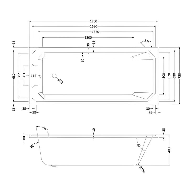 a drawing of a bathtub with measurements