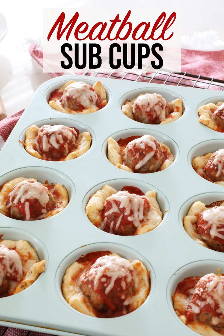 meatball cupcakes with sauce drizzled on top in a muffin tin