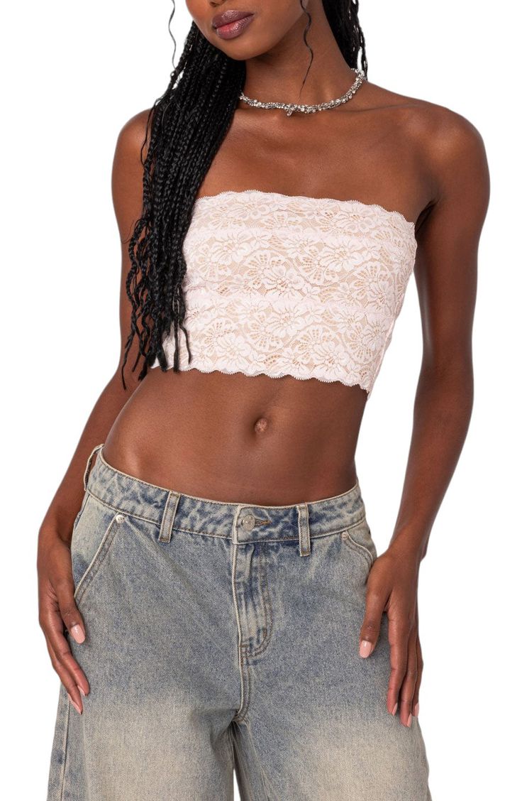 This cool cropped tube top is crafted from lovely lace for day-to-date-night charm. Strapless 95% polyester, 5% spandex Machine wash, dry flat Imported Feminine Stretch Bandeau Tube Top, Lace Bandeau Top For Spring, Strapless Lace Crop Top For Spring, Lace Strapless Tube Top Bra Friendly, Lace Tube Top For Spring, Bra Friendly Lace Strapless Tube Top, Pink Bandeau Tube Top Feminine Style, Spring Lace Sleeveless Tube Top, Pink Lace Crop Top For Spring