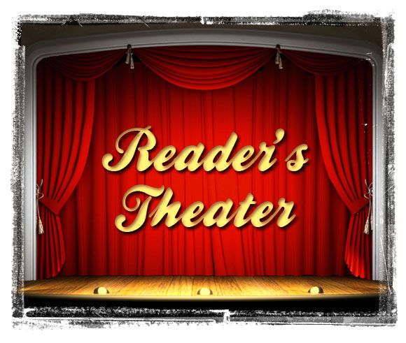 a theater stage with red curtains and the words reader's theater written on it