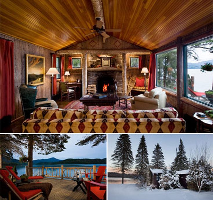 the inside of a cabin with snow on the ground