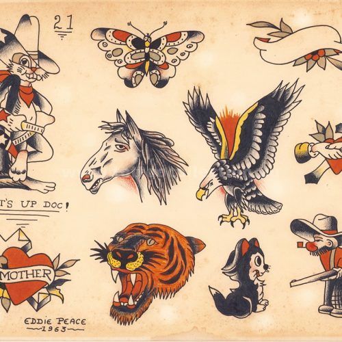 an old school tattoo flash sheet with different tattoos