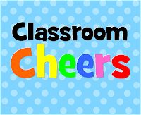 the words classroom cheers are in multicolored letters on a blue background with polka dots