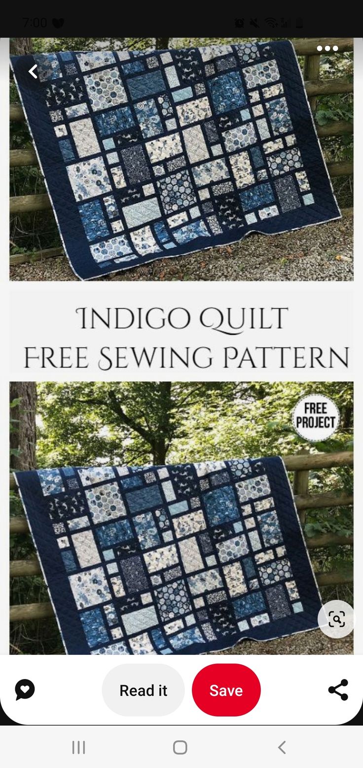 the indigo quilt pattern is shown on an iphone screen, and it's in two different