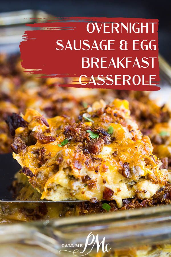 overnight sausage and egg breakfast casserole on a plate with the title overlay