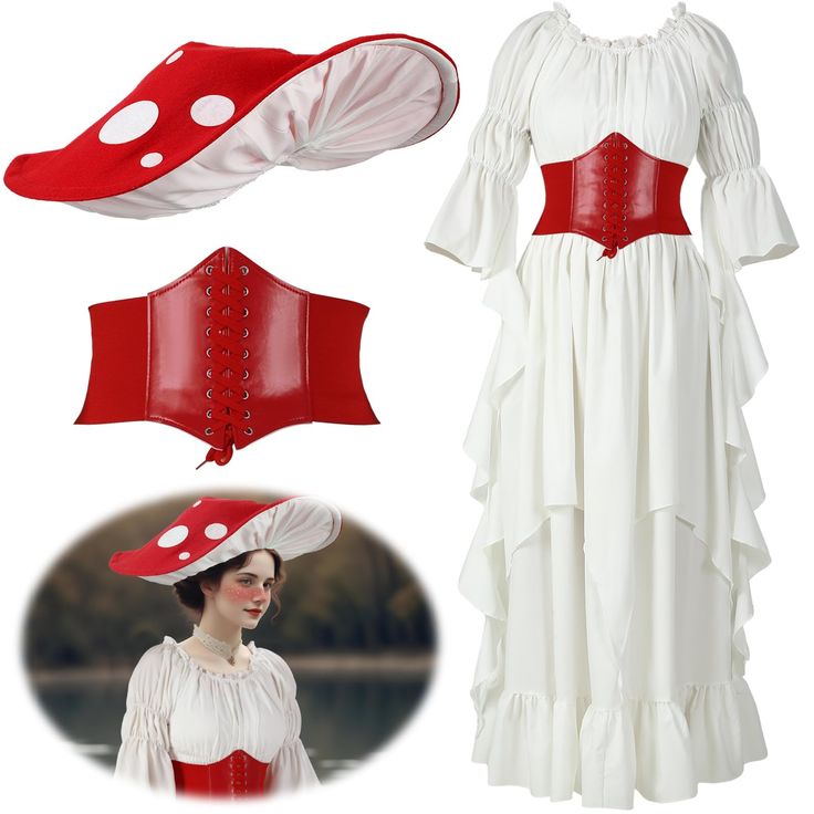 a woman wearing a red and white dress with polka dots on the collar, hat and corset