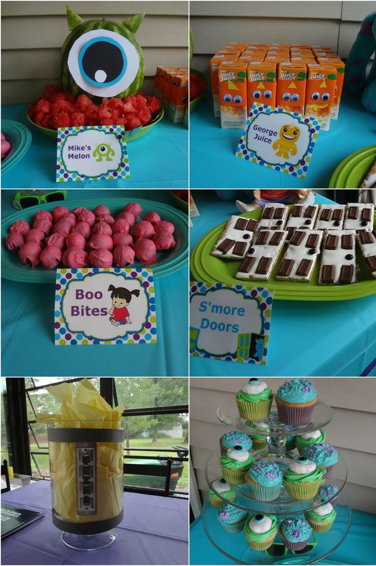 a collage of pictures showing different foods and desserts on display at a birthday party