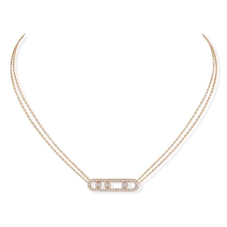 La collection Move Classic, une signature de la Maison Messika, le motif « Move » qui célèbre la liberté avec ses diamants en mouvement. Ce collier à double chaîne en or rose de 18 ct, orné de diamants taille brillant de 0,66 ct, trois oscillent et brillent selon vos mouvements dans leur boîtier pavé de diamants. Distingué par son style ultra moderne ce collier apportera un éclat particulier aux habits. Pave Necklace, Double Chain Necklace, Diamond Free, Cute Prom Dresses, Double Chain, Rose Gold Diamonds, Dream Jewelry, Signature Collection, 18k Rose Gold