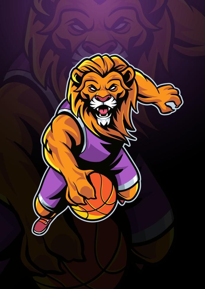 a lion mascot holding a basketball ball in its paws and running with it's mouth open