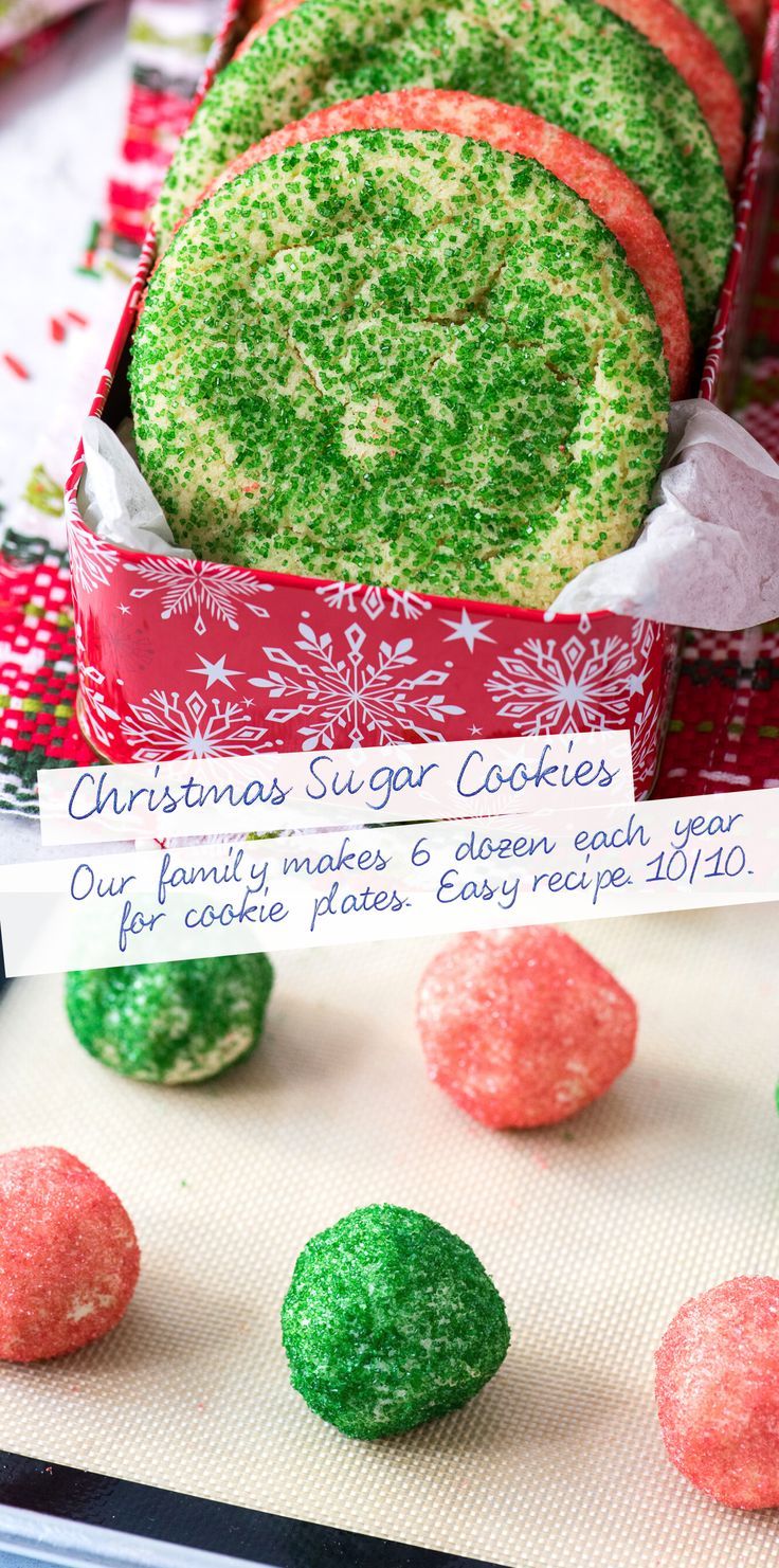 christmas sugar cookies in a red box with green and pink sprinkles