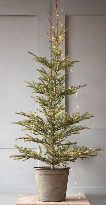 a small potted christmas tree sitting on top of a wooden table next to a wall