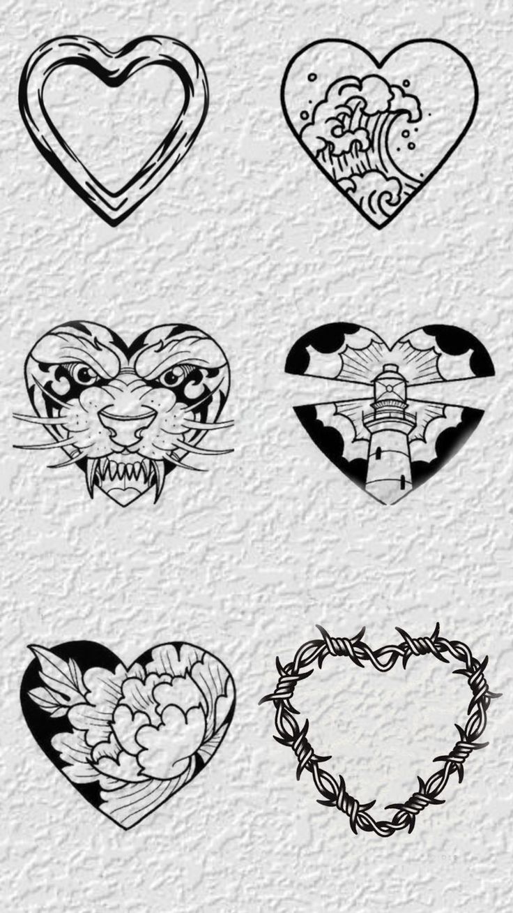 six heart tattoos with different designs on them