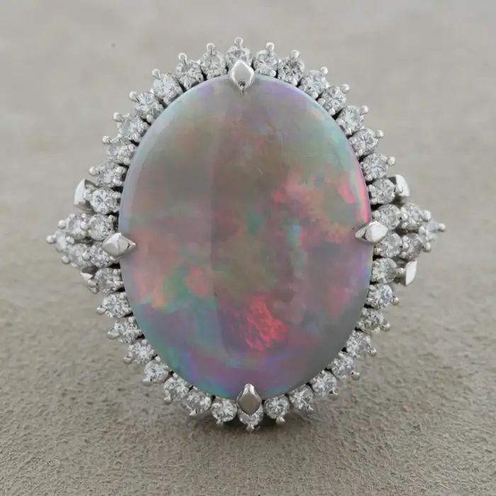 Australian Opal Diamond Platinum Cocktail Ring For Sale at 1stDibs Australian Opal, Center Stage, Cocktail Ring, Cocktail Rings, Platinum, Opal, Ring, For Sale, Red