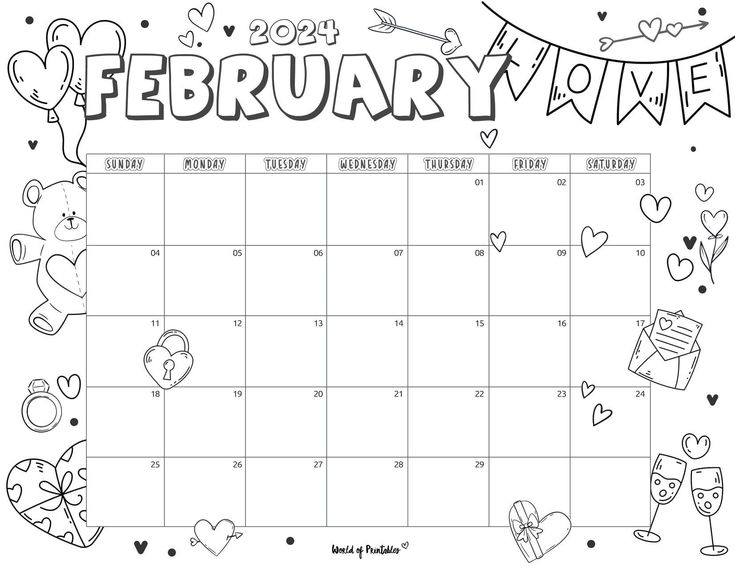 the printable calendar for february and valentine's day is shown in black and white