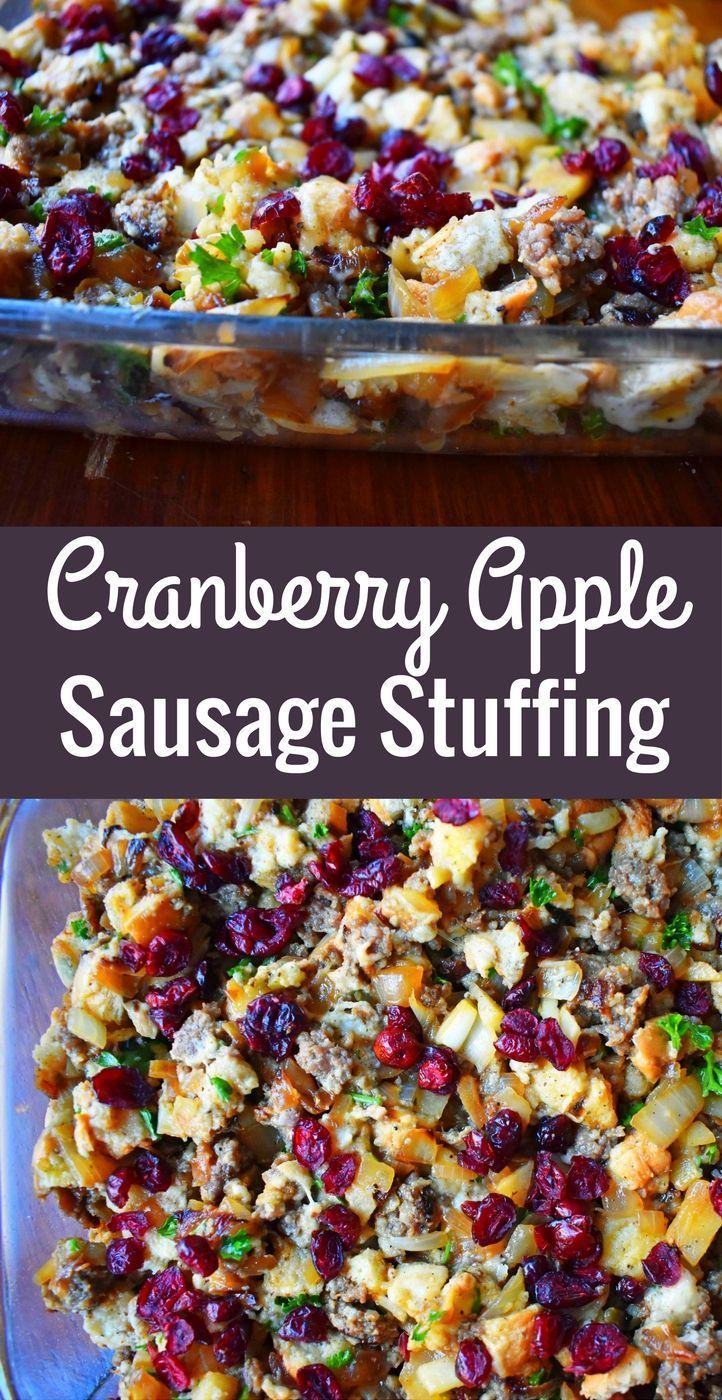 cranberry apple sausage stuffing in a casserole dish