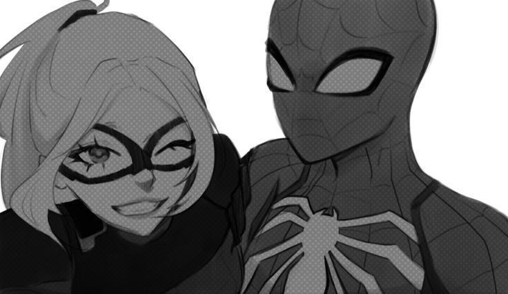 two cartoon characters are standing next to each other, one is wearing a spider man mask