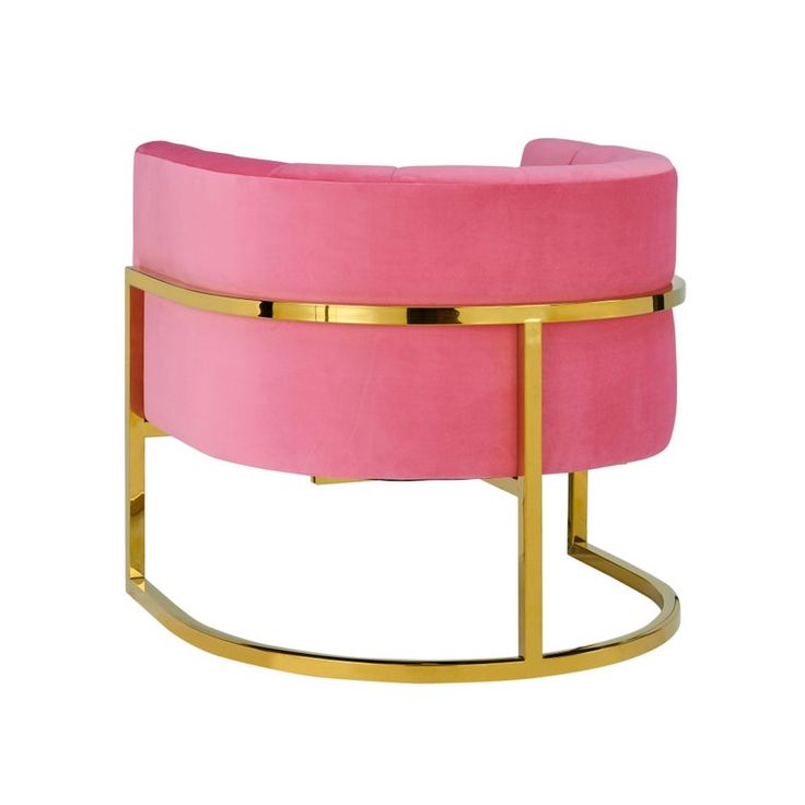 a pink chair with gold accents and a round foot rest in front of a white background