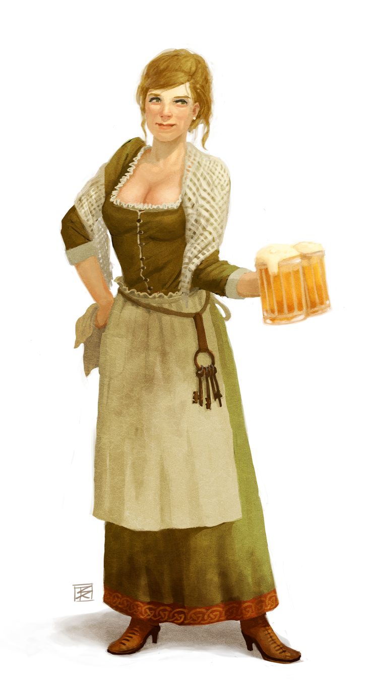 a woman in an apron holding a mug of beer