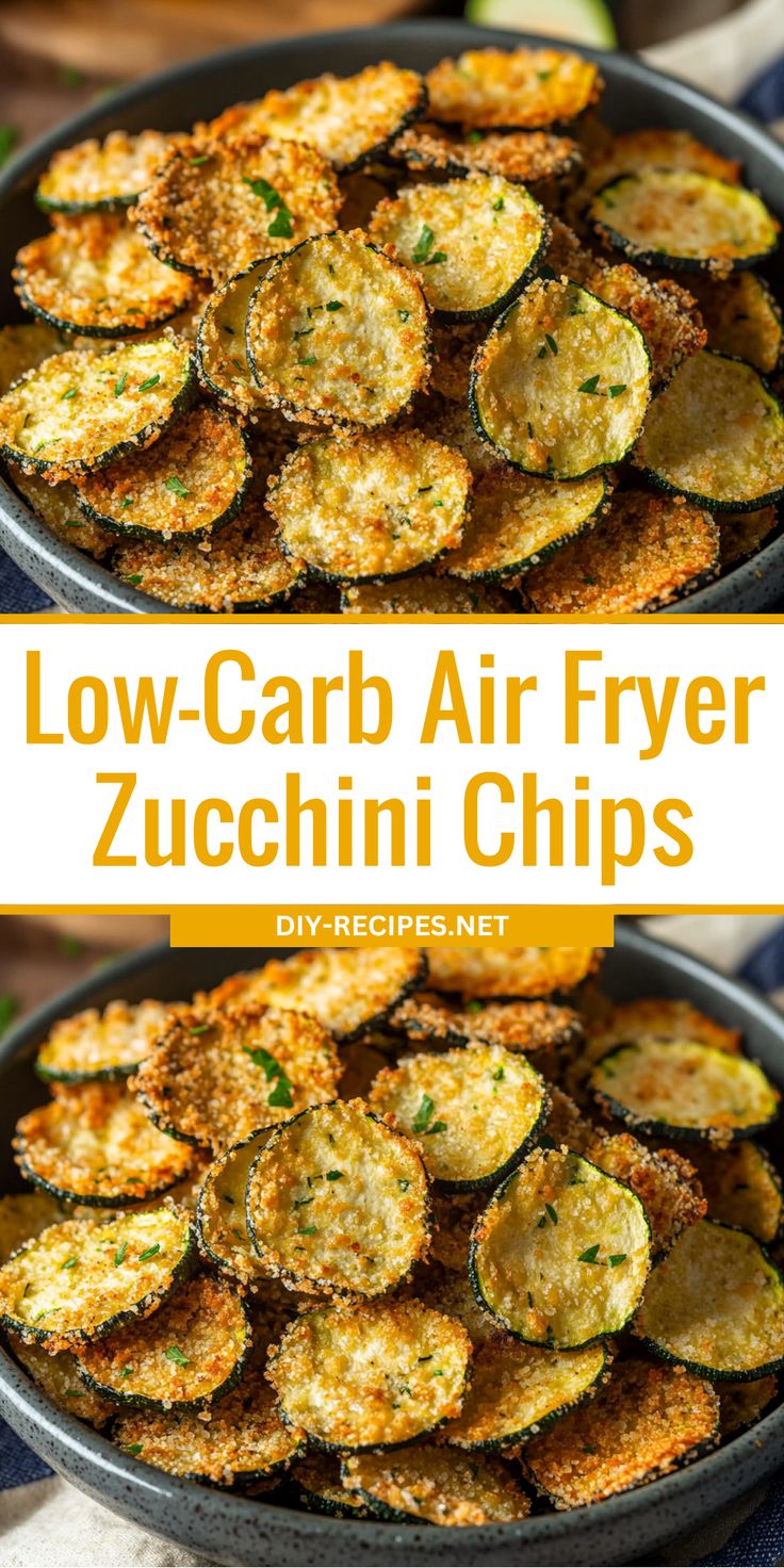 low carb air fryer zucchini chips in a pan with the title above it