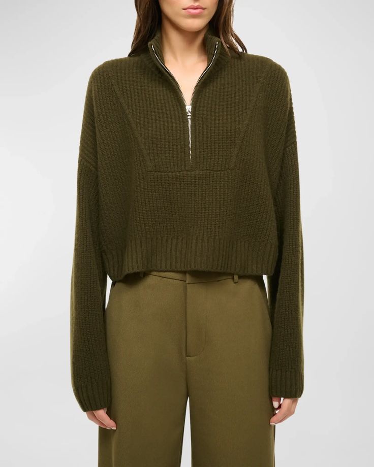 Wrap yourself in luxury with the STAUD Cashmere Cropped Hampton Sweater. This cozy olive green piece features a chunky knit, a stylish half-zip front, and a chic spread collar. Chunky Cropped Sweater, Transitional Dressing, Shopping World, Chunky Knits Sweater, Sweater And Shorts, Fall Wardrobe, Cropped Sweater, Chunky Knit, Pet Clothes